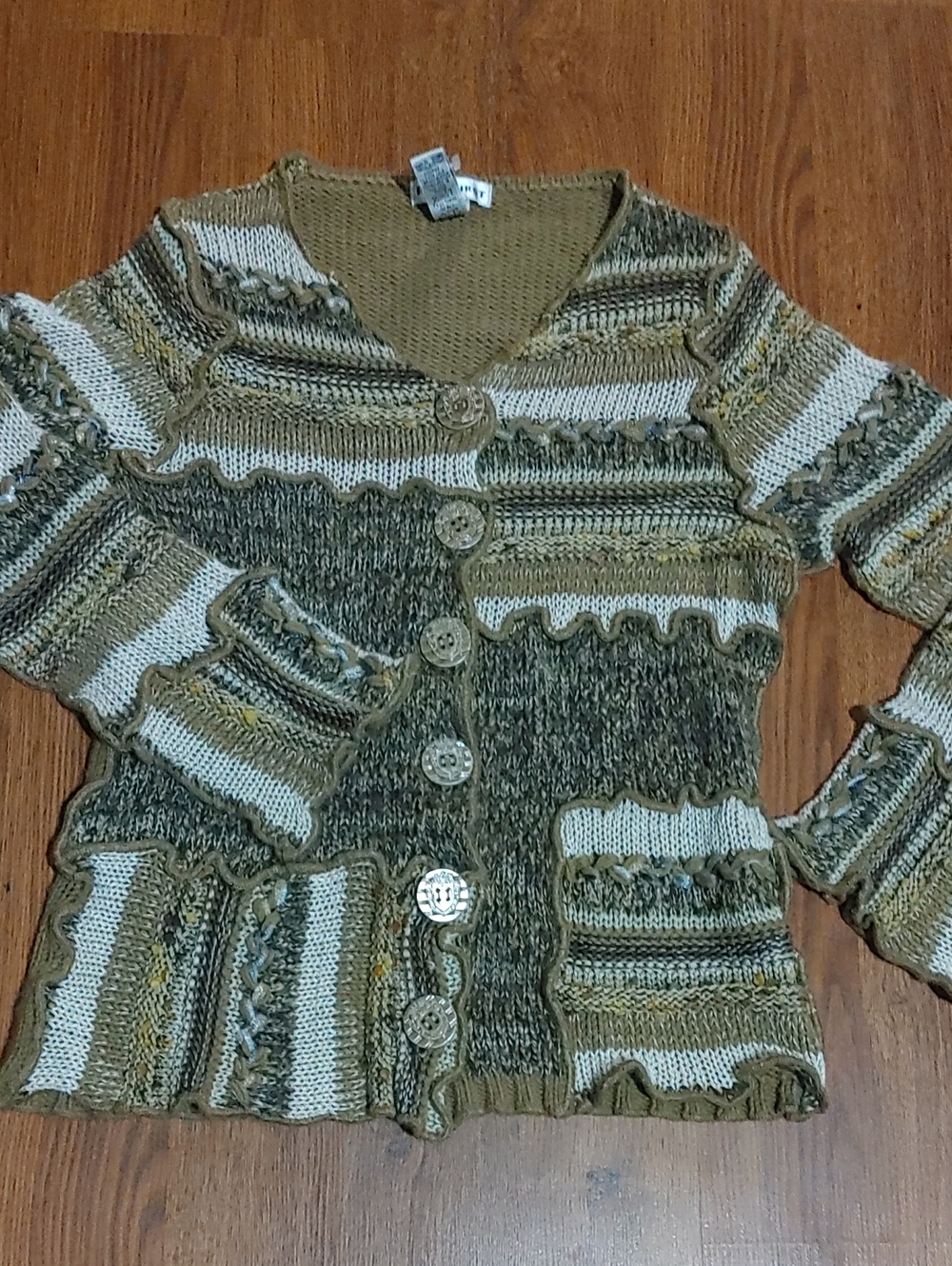 Parkhurst Olive & Cream Striped Knit Button Cardigan Sz SM